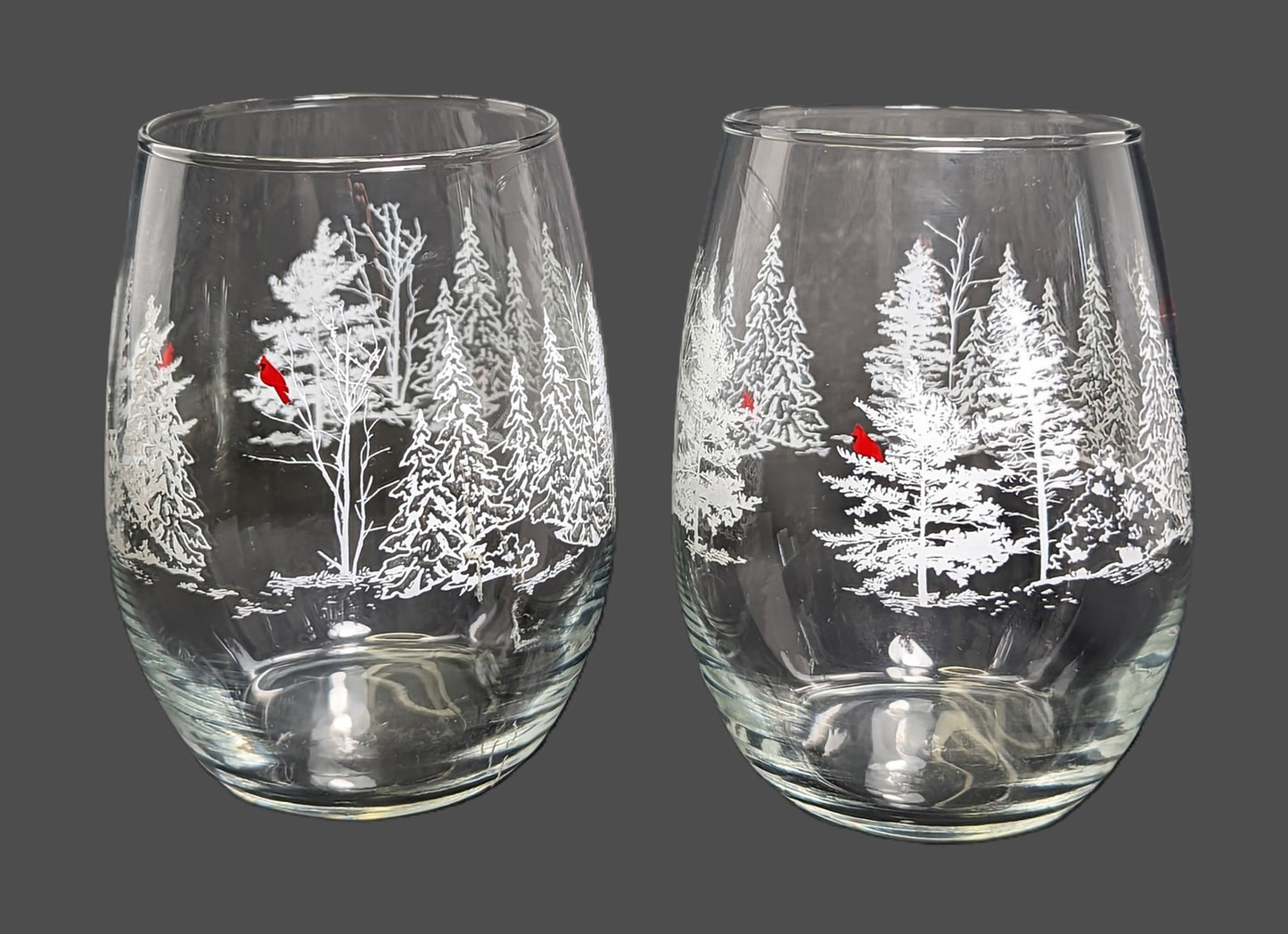 Tabletop Frosted Trees with Cardinal Wine Glasses