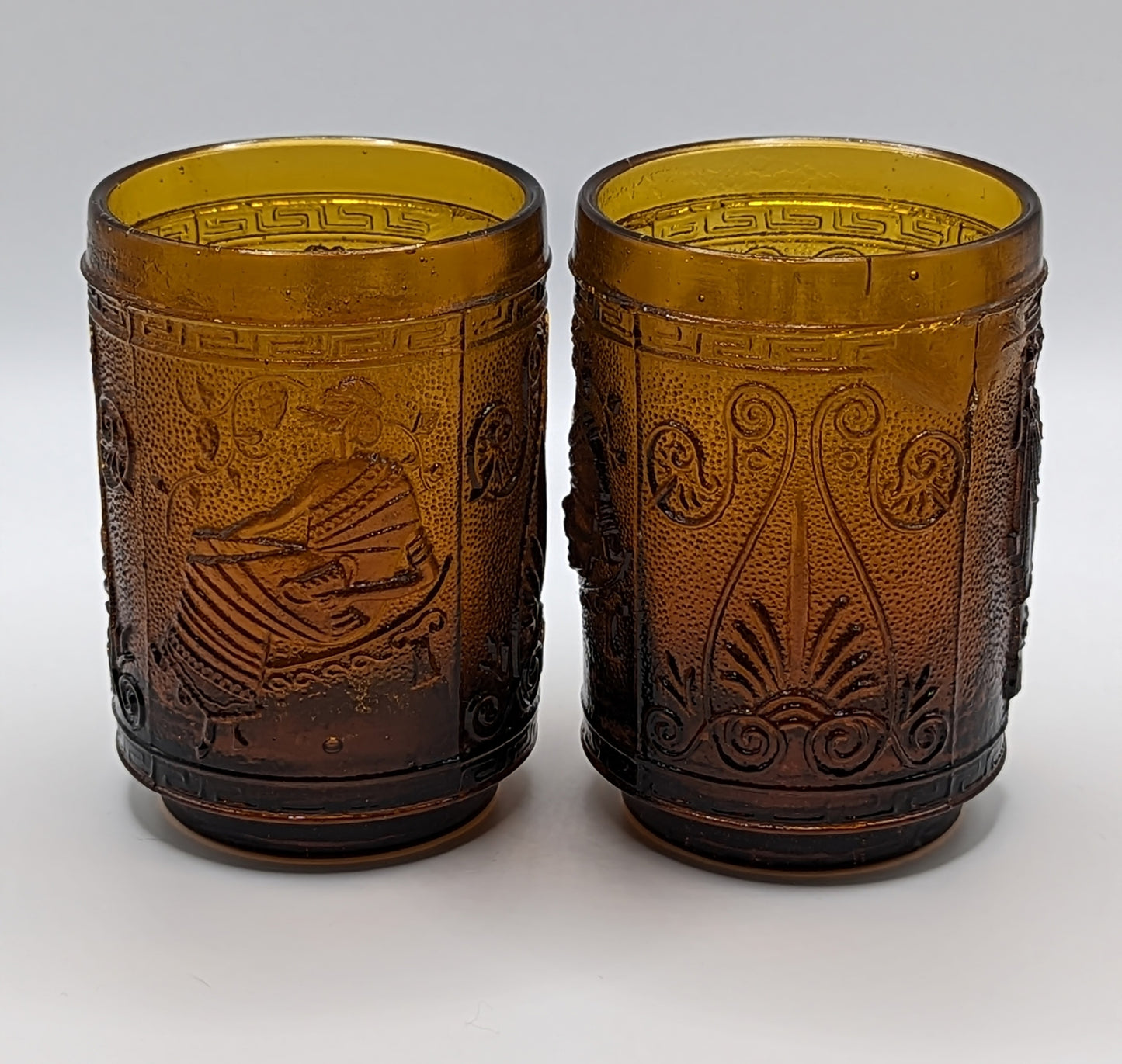 Vintage Greece Brown Amber Glass Vase Engraved with 2 small cups (4 oz)