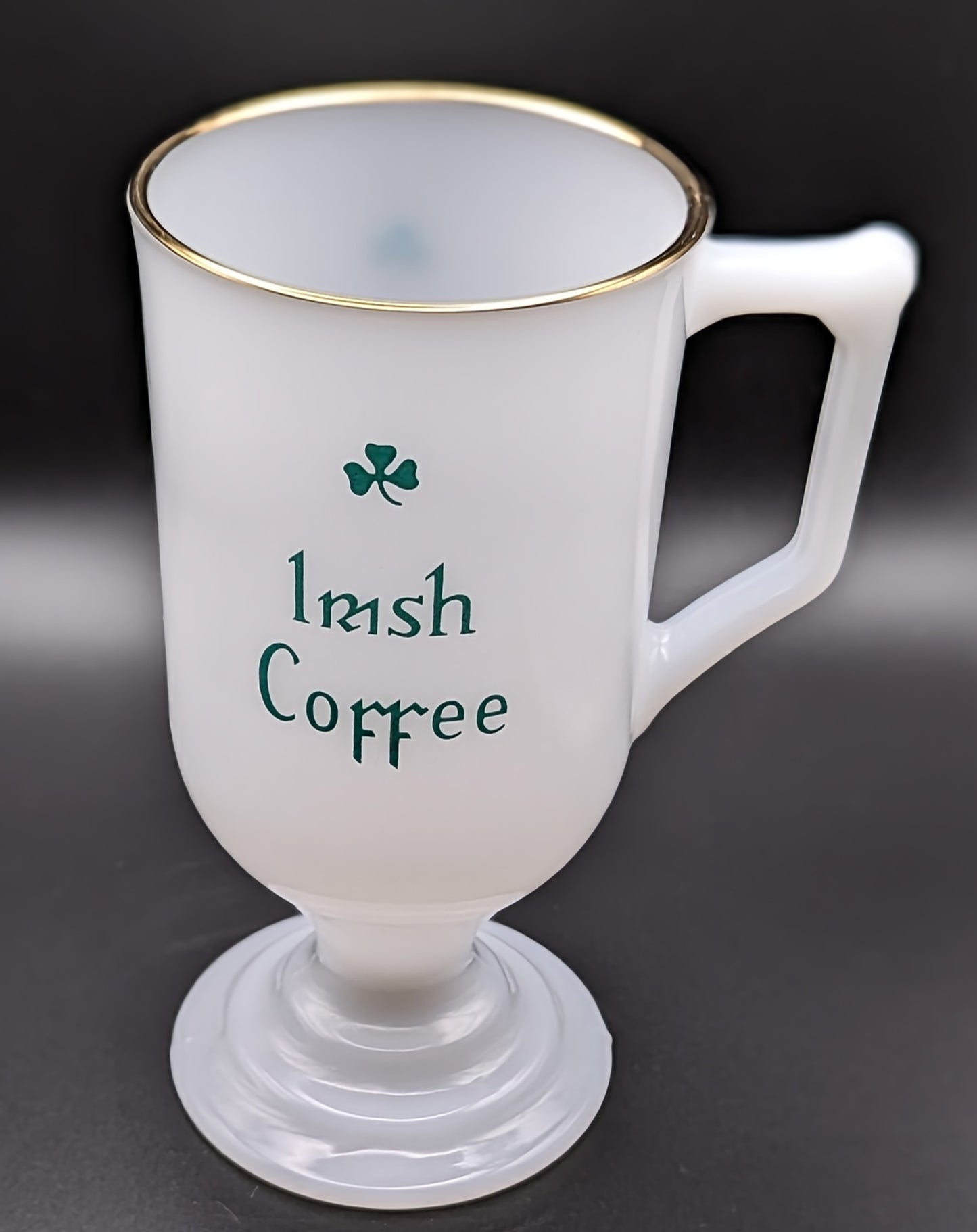 Irish Coffee Mug Glass Pedestal Green Shamrock Gold Rim