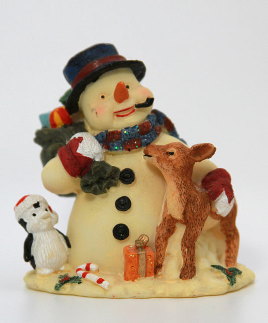 VINTAGE SNOWMAN WITH HIS REINDEER & PENGUIN BUDDY