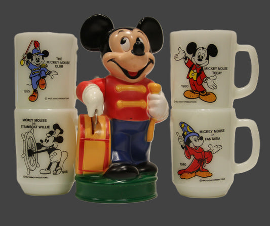 Four Fire King Anchor Hocking Pepsi Mickey Mouse & Marching Band Coin Bank