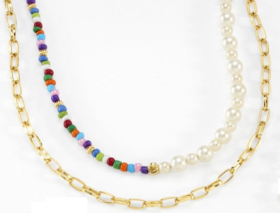 Nice & Bella Gold Plated Necklace with Multicolored & White Beads With Earrings