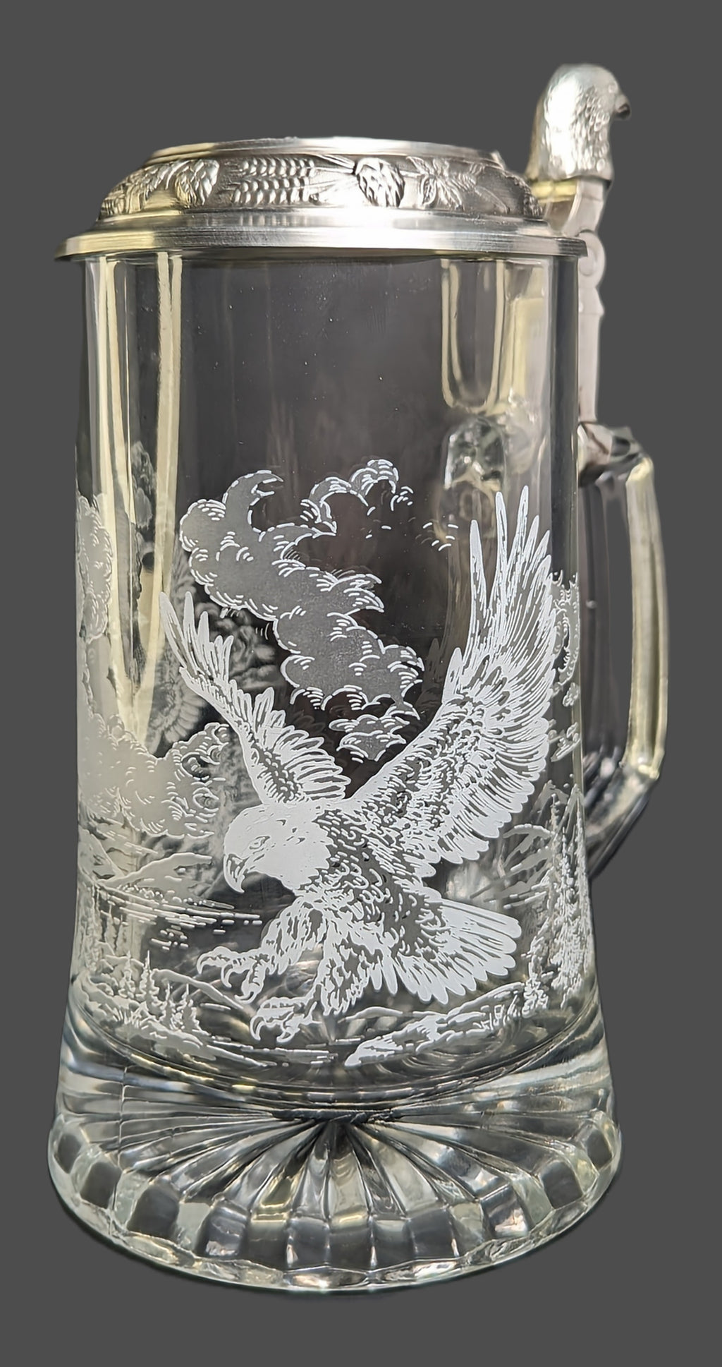 Vintage German Domex Glass & Pewter Lid Beer Stein Eagles Flying Etched Design