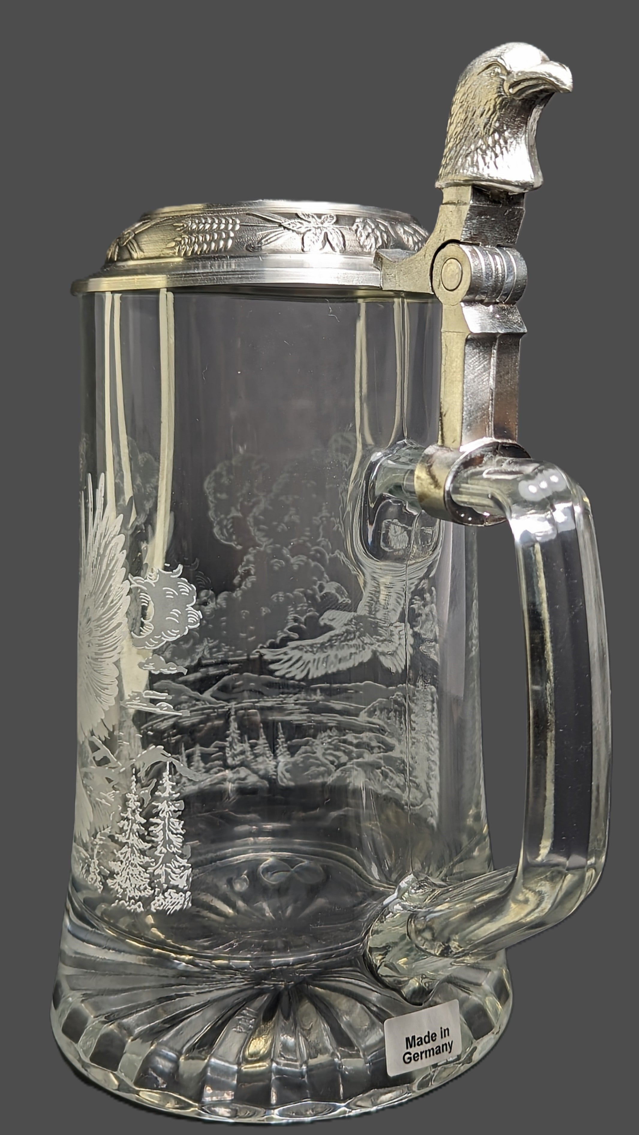 Vintage German Domex Glass & Pewter Lid Beer Stein Eagles Flying Etched Design