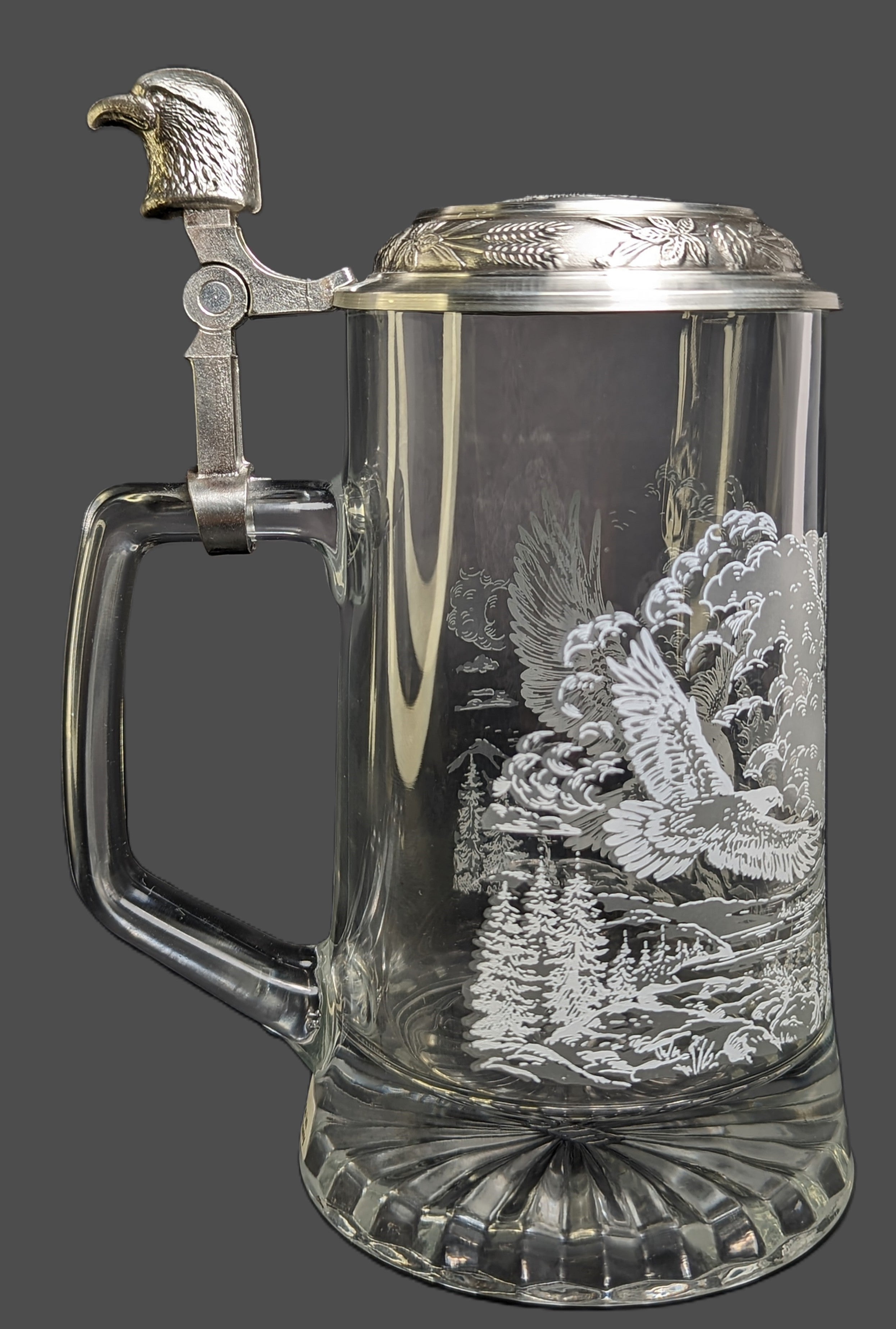 Vintage German Domex Glass & Pewter Lid Beer Stein Eagles Flying Etched Design
