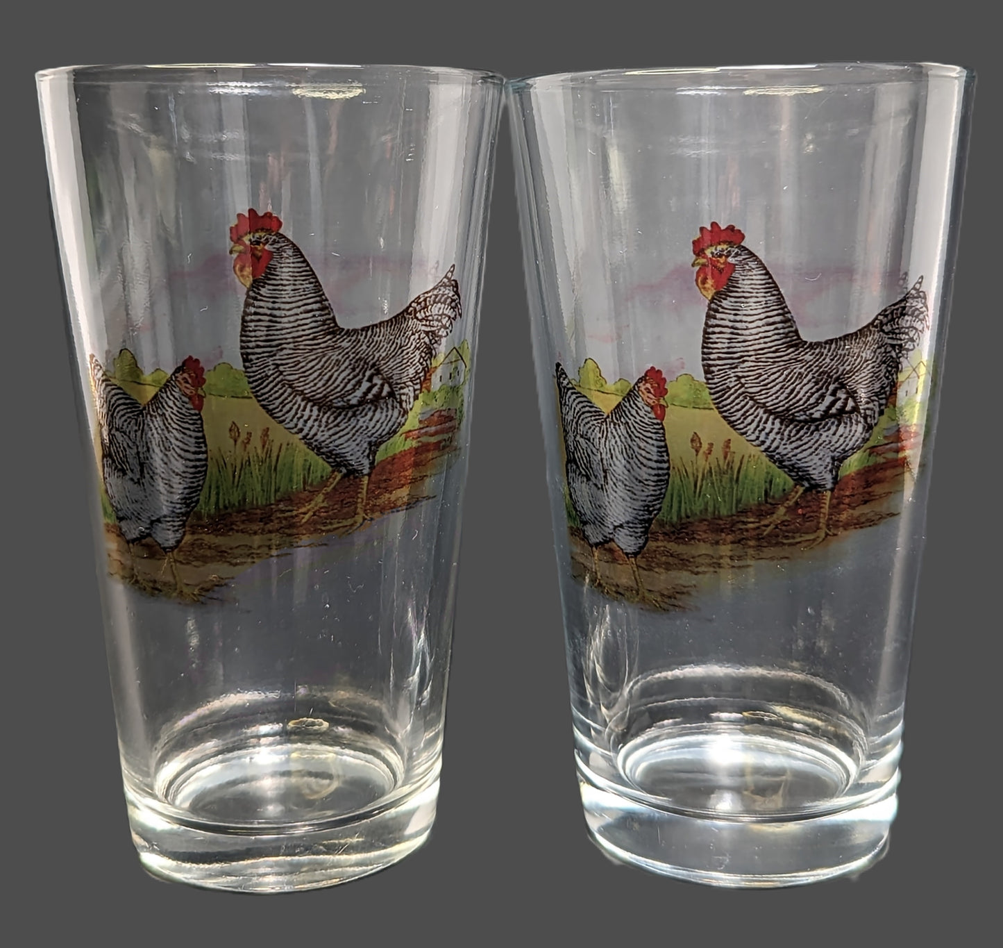 A Set of Six Glasses with Rooster & Hen