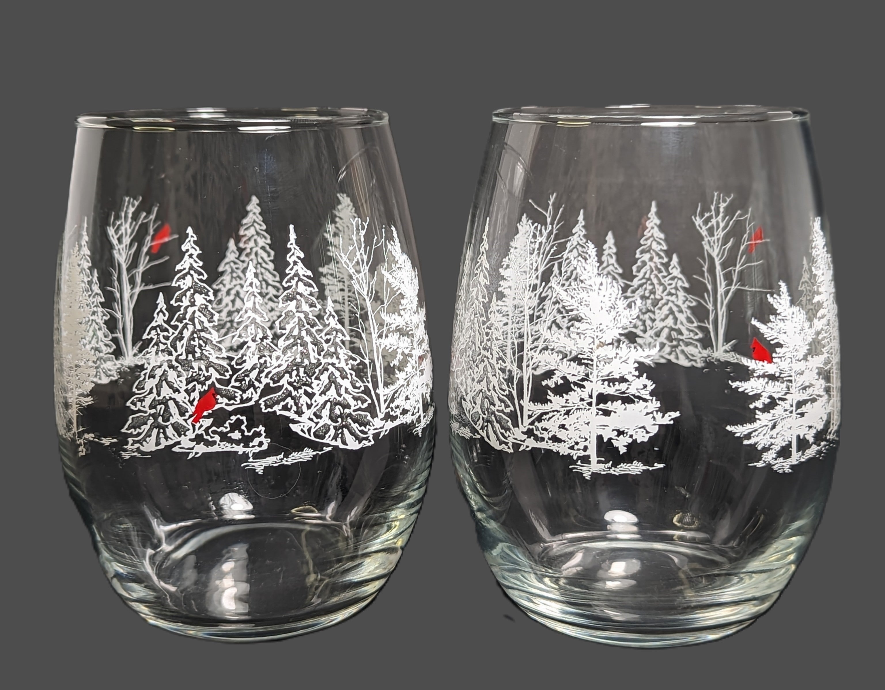 Tabletop Frosted Trees with Cardinal Wine Glasses