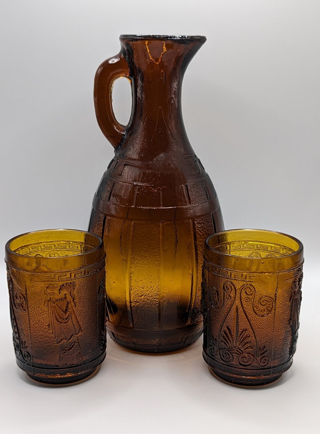 Vintage Greece Brown Amber Glass Vase Engraved with 2 small cups (4 oz)