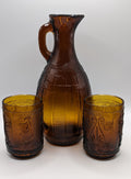 Vintage Greece Brown Amber Glass Vase Engraved with 2 small cups (4 oz)