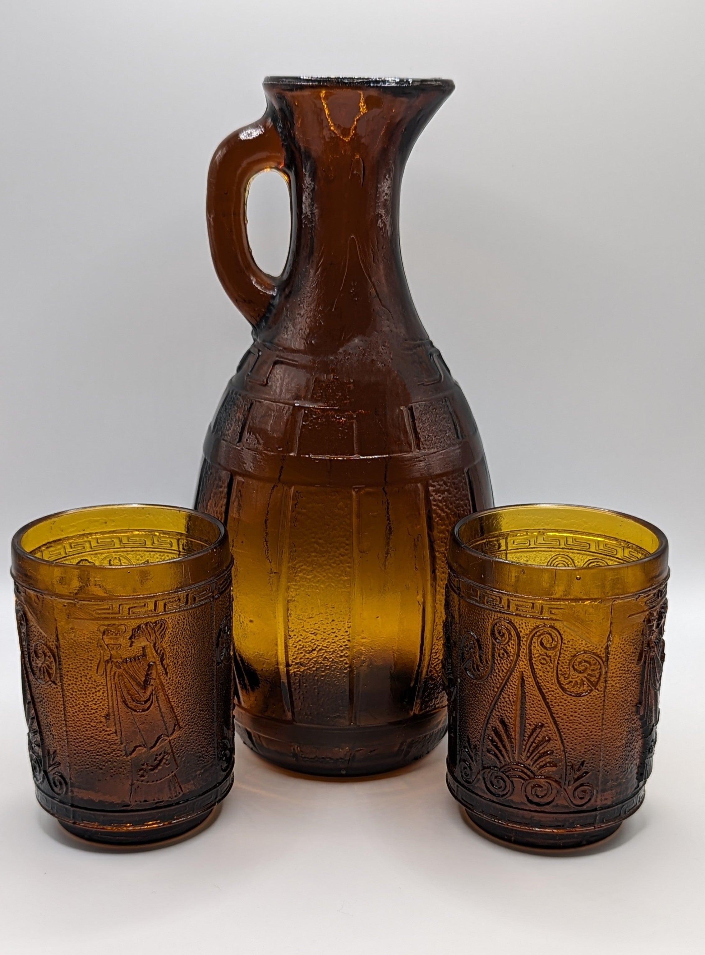 Vintage Greece Brown Amber Glass Vase Engraved with 2 small cups (4 oz)