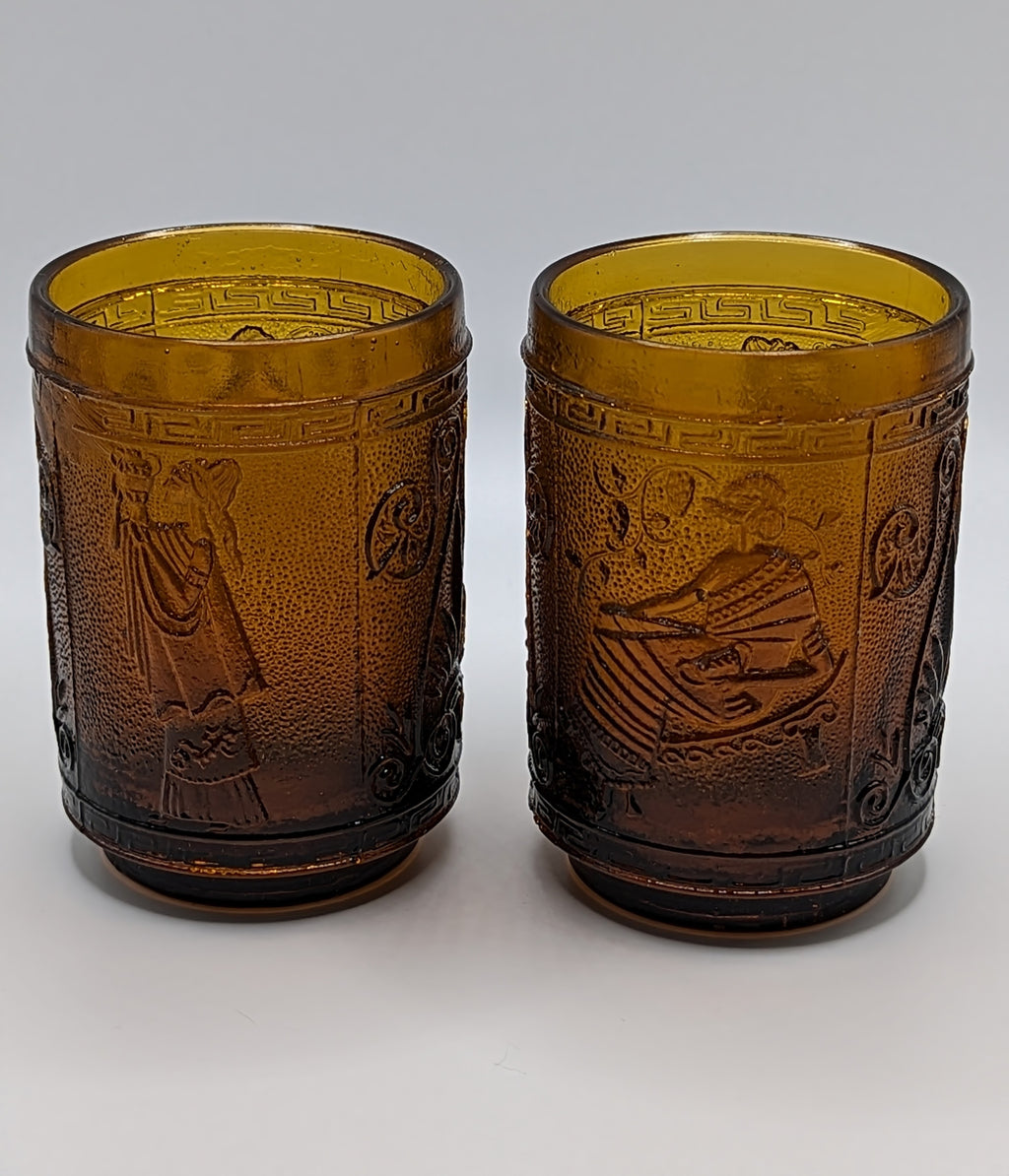 Vintage Greece Brown Amber Glass Vase Engraved with 2 small cups (4 oz)