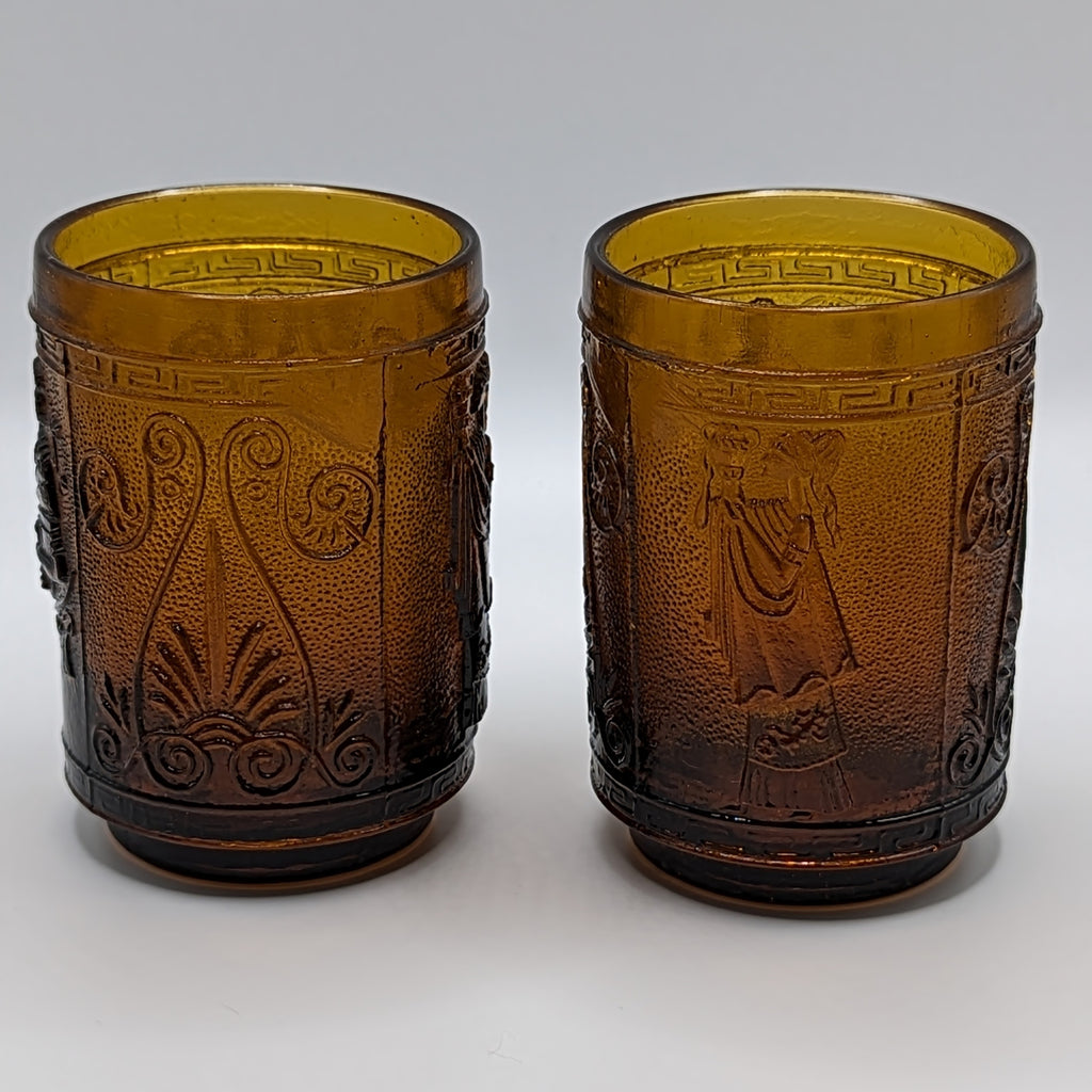 Vintage Greece Brown Amber Glass Vase Engraved with 2 small cups (4 oz)