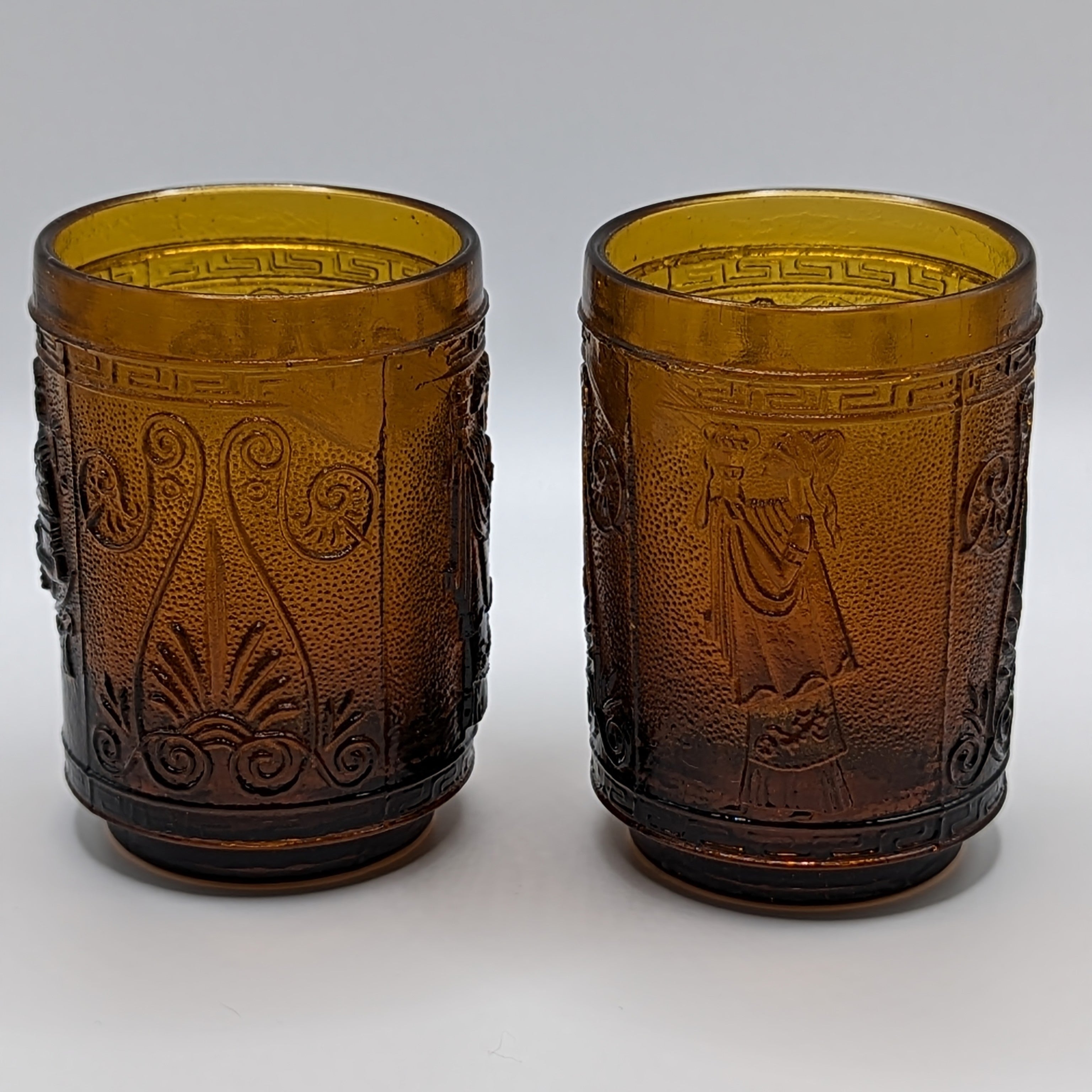 Vintage Greece Brown Amber Glass Vase Engraved with 2 small cups (4 oz)
