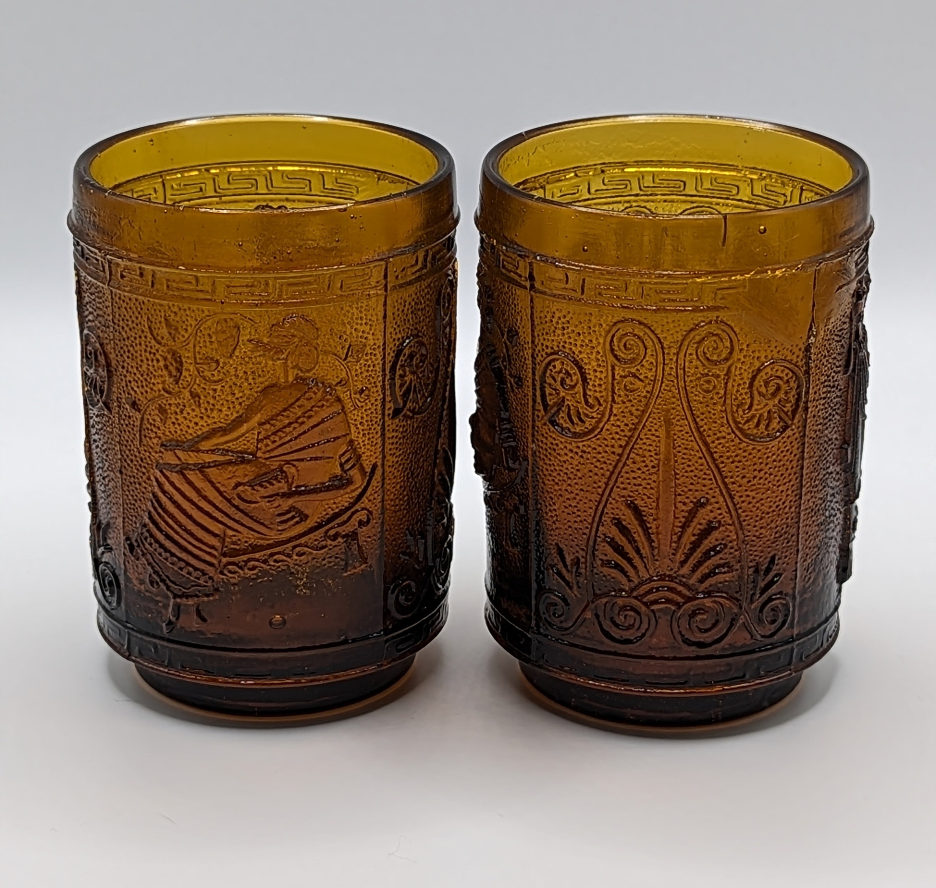 Vintage Greece Brown Amber Glass Vase Engraved with 2 small cups (4 oz)