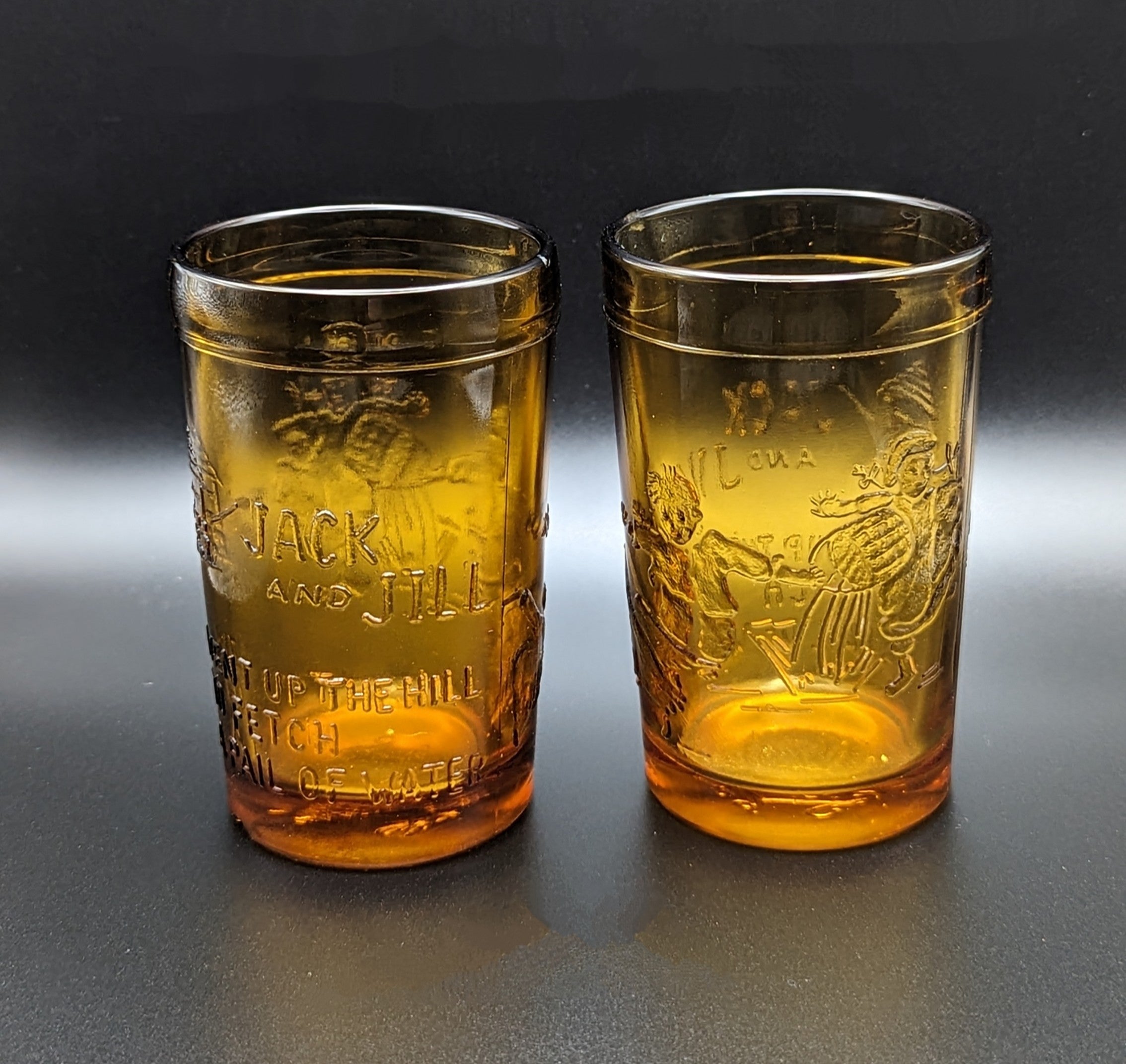 Vintage Tiara Amber Nursery Rhyme Juice Glass Set JACK AND JILL 4" Tall Cups