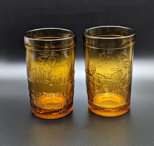 Vintage Tiara Amber Nursery Rhyme Juice Glass Set JACK AND JILL 4" Tall Cups