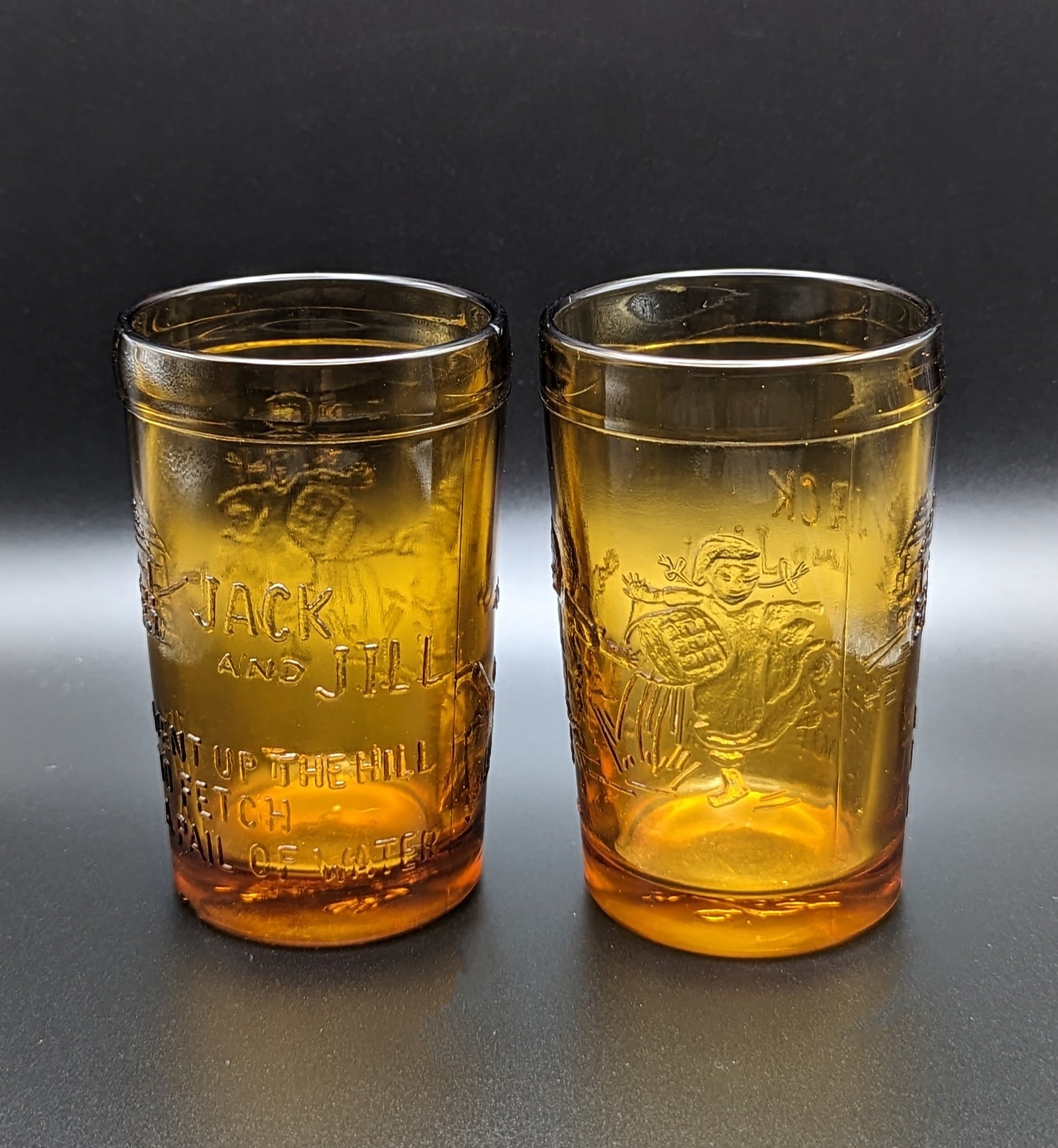 Vintage Tiara Amber Nursery Rhyme Juice Glass Set JACK AND JILL 4" Tall Cups