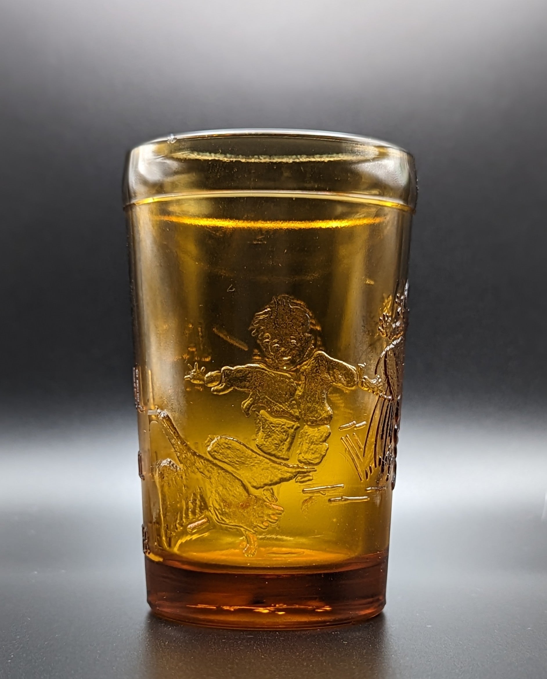 Vintage Tiara Amber Nursery Rhyme Juice Glass Set JACK AND JILL 4" Tall Cups