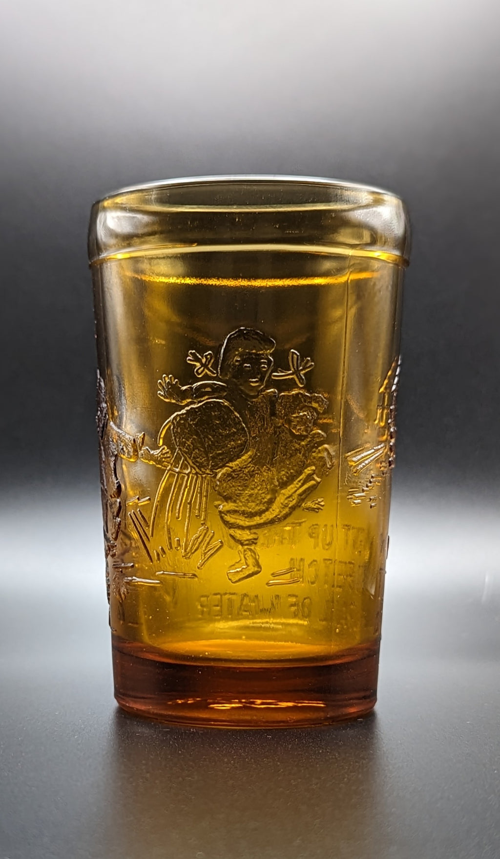 Vintage Tiara Amber Nursery Rhyme Juice Glass Set JACK AND JILL 4" Tall Cups