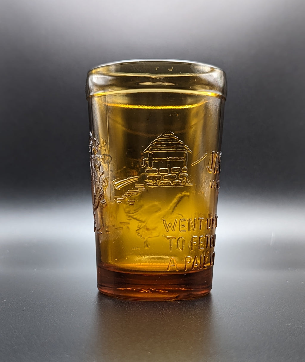 Vintage Tiara Amber Nursery Rhyme Juice Glass Set JACK AND JILL 4" Tall Cups