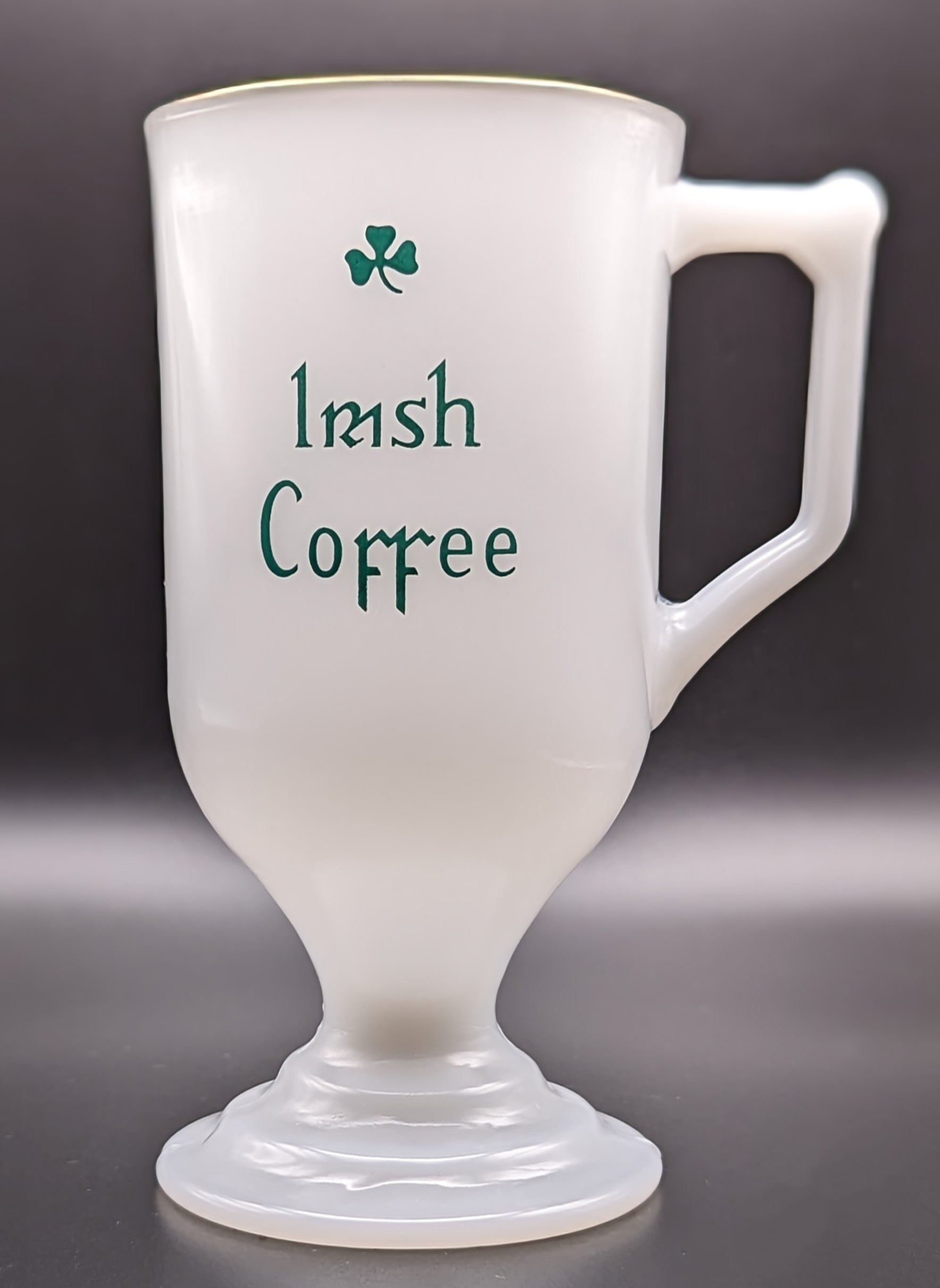 Irish Coffee Mug Glass Pedestal Green Shamrock Gold Rim