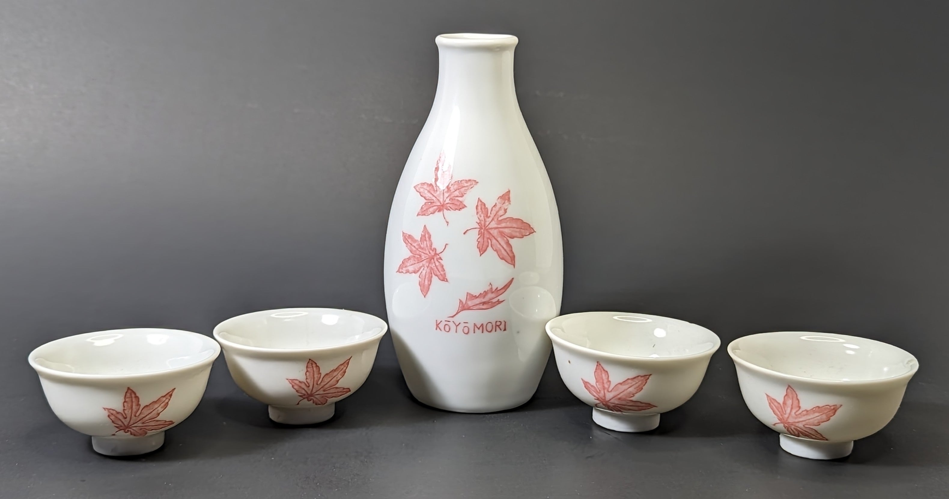 Vintage Porcelain Japanese Sake Tea Koyo Mori Pink Leaf Bottle 4 Cups
