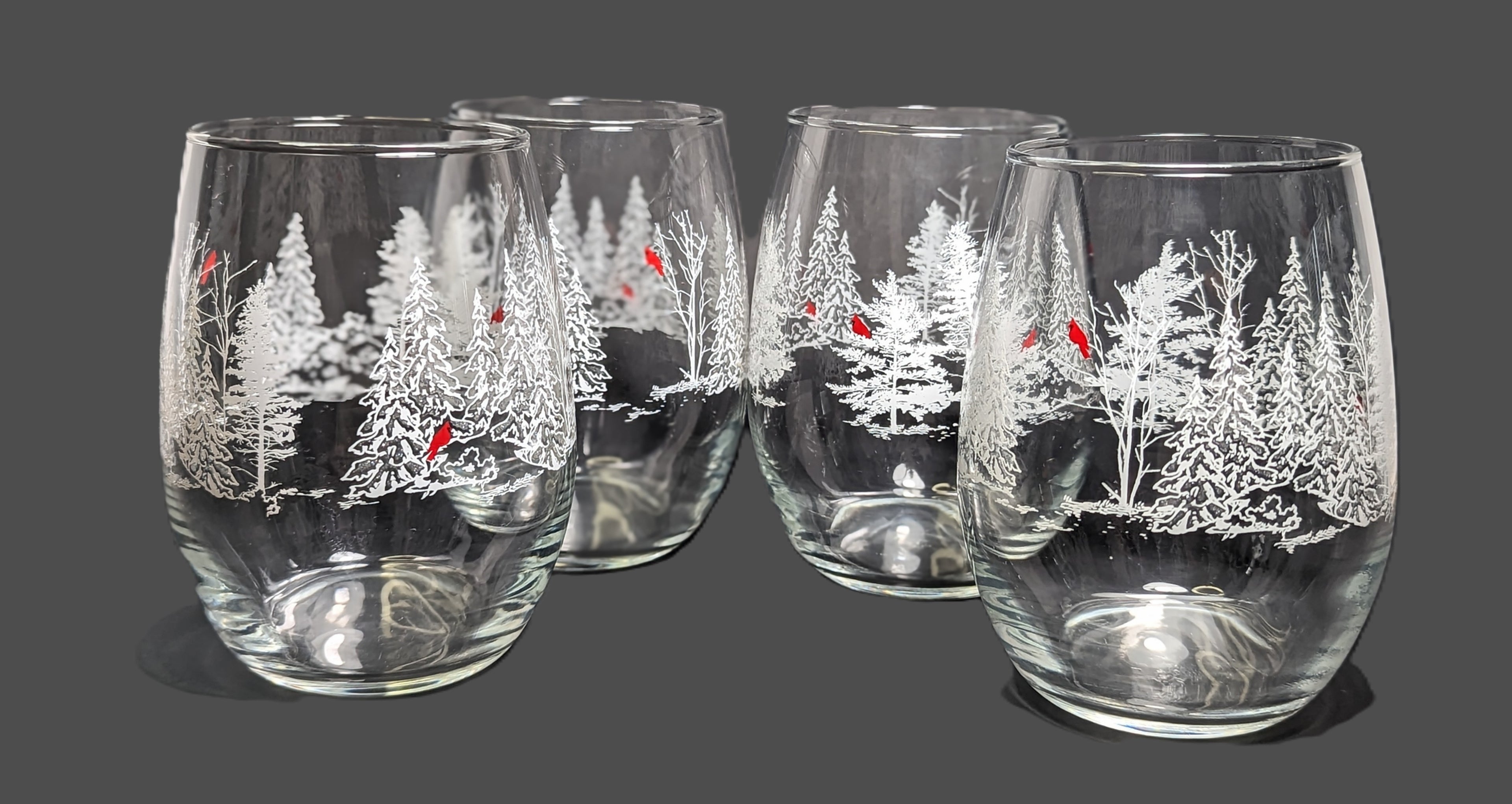 Tabletop Frosted Trees with Cardinal Wine Glasses