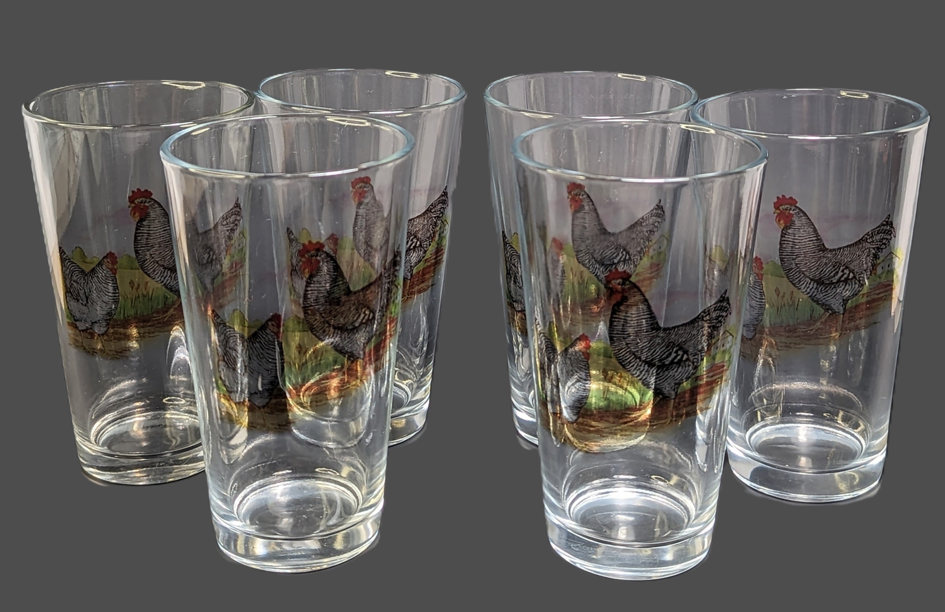 A Set of Six Glasses with Rooster & Hen