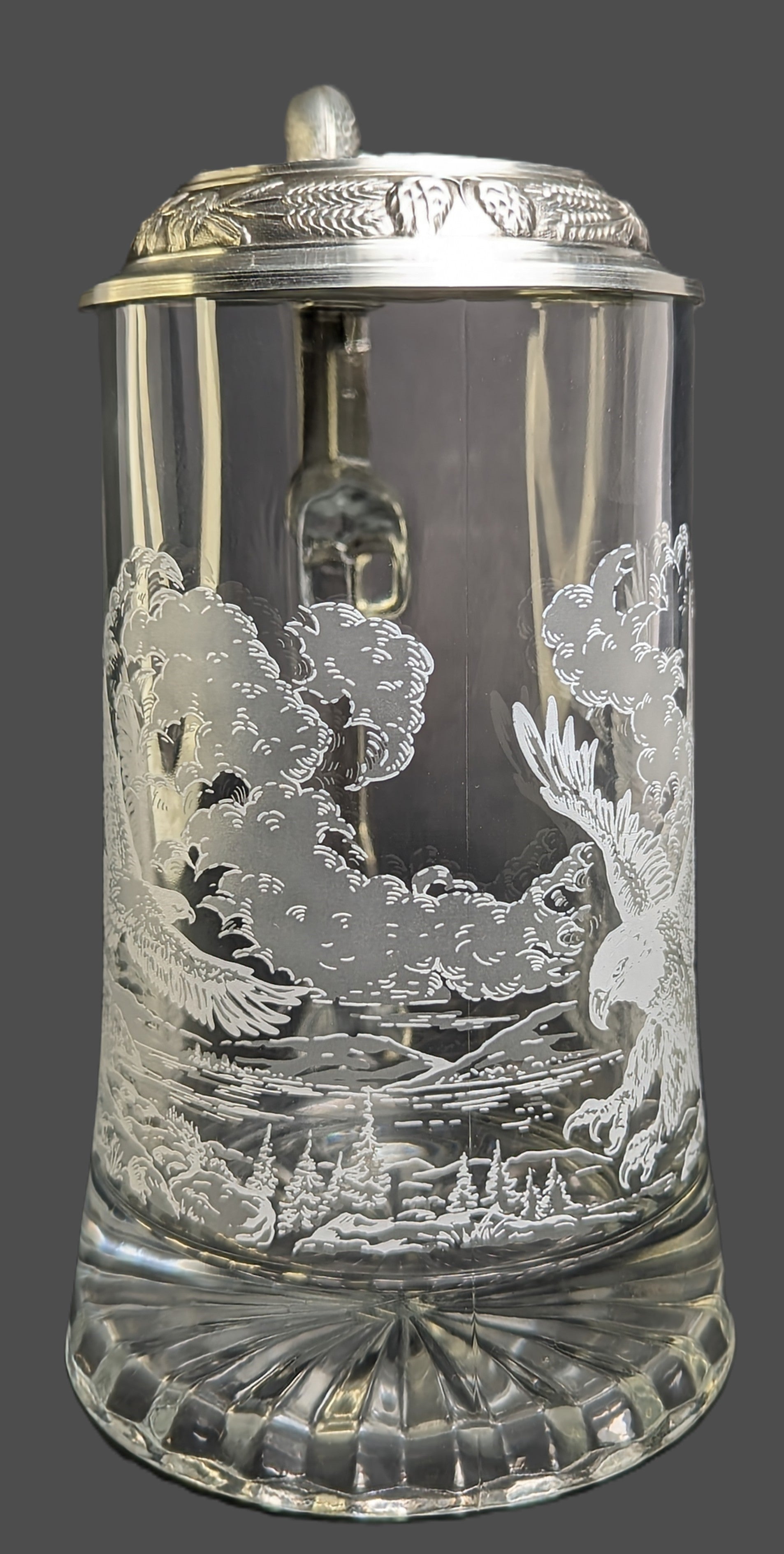 Vintage German Domex Glass & Pewter Lid Beer Stein Eagles Flying Etched Design